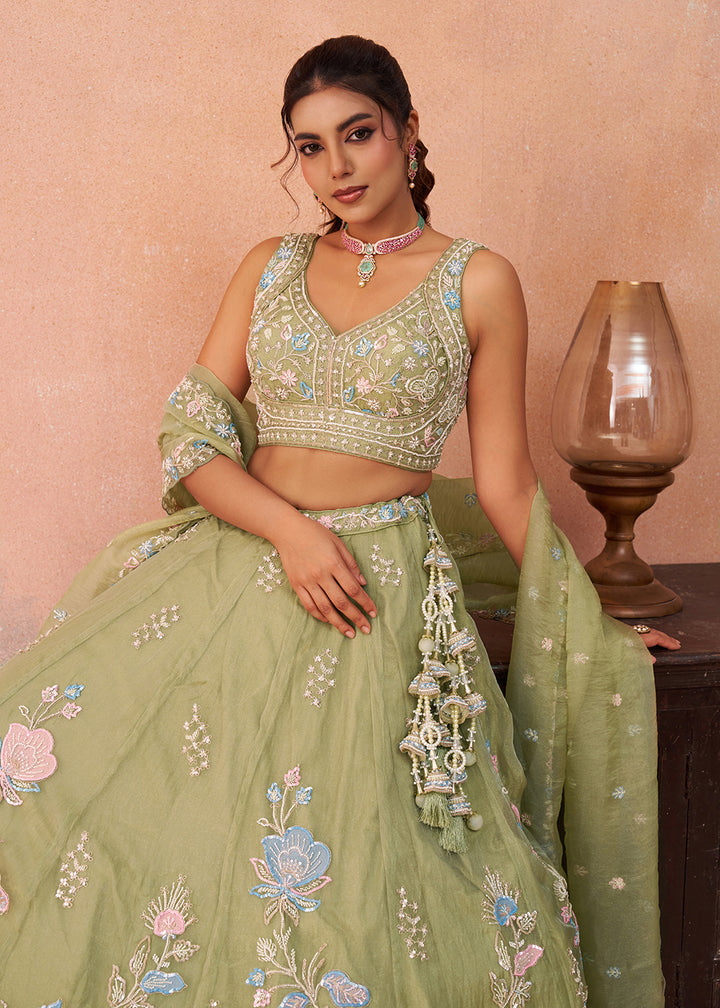 Buy Now Green Floral Embroidered Designer Reception Lehenga Choli Online in US, UK, Canada, France, Italy, Germany, Australia, Greece & Worldwide at Empress.