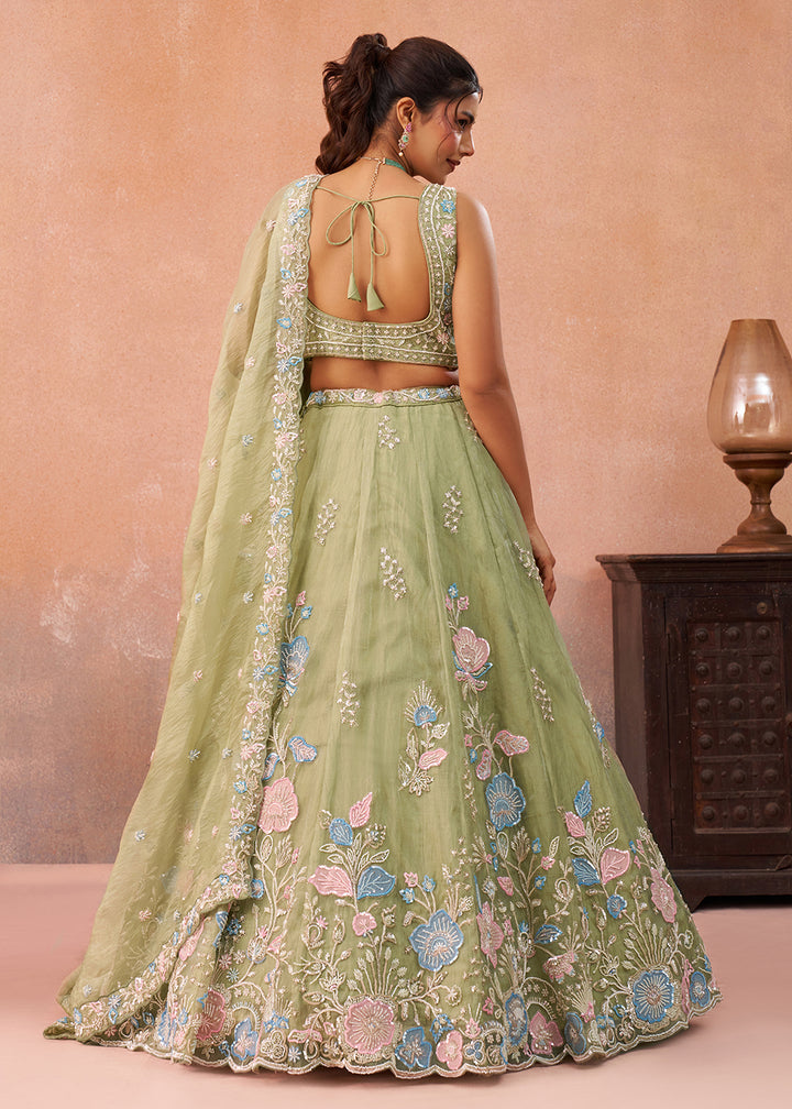 Buy Now Green Floral Embroidered Designer Reception Lehenga Choli Online in US, UK, Canada, France, Italy, Germany, Australia, Greece & Worldwide at Empress.