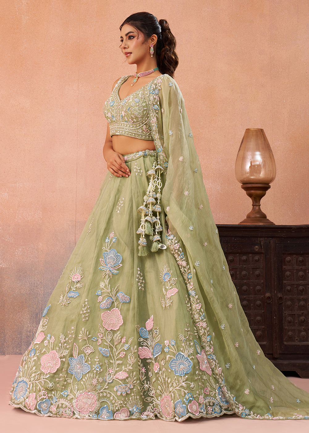 Buy Now Green Floral Embroidered Designer Reception Lehenga Choli Online in US, UK, Canada, France, Italy, Germany, Australia, Greece & Worldwide at Empress.