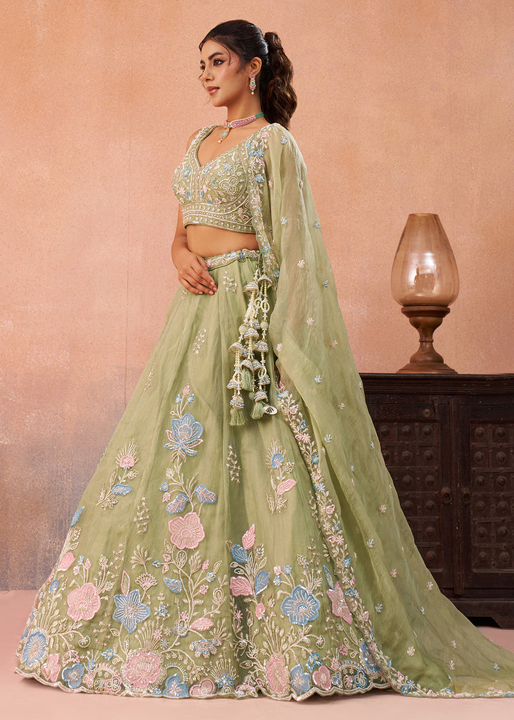 Buy Now Green Floral Embroidered Designer Reception Lehenga Choli Online in US, UK, Canada, France, Italy, Germany, Australia, Greece & Worldwide at Empress.