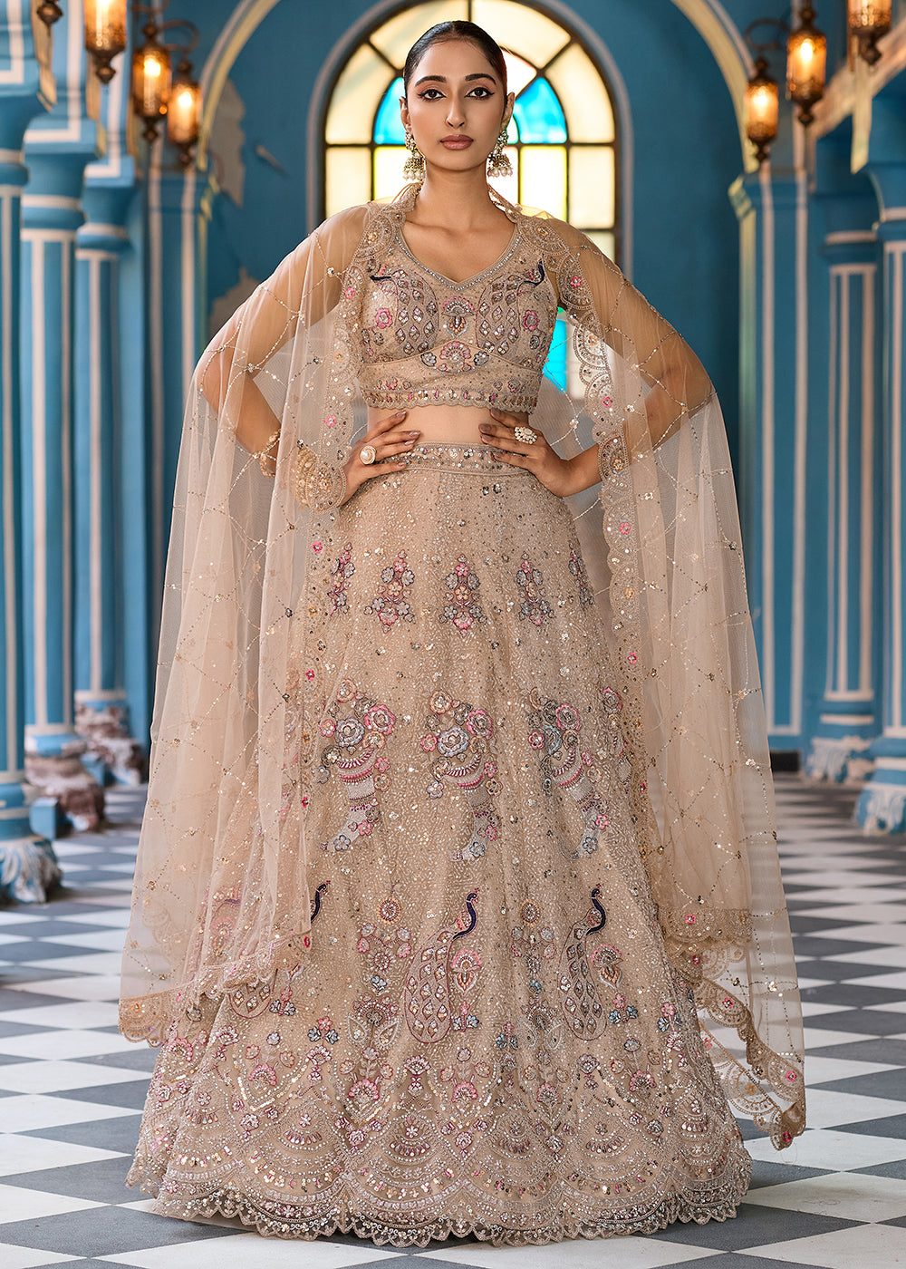 Buy Now Attractive Beige Net Embroidered Wedding Lehenga Choli Online in US, UK, Canada, France, Germany, Sweden, Greece, UAE, Denmark & Worldwide at Empress.