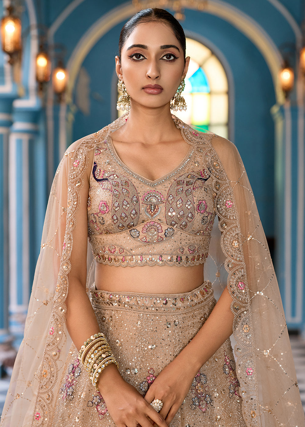 Buy Now Attractive Beige Net Embroidered Wedding Lehenga Choli Online in US, UK, Canada, France, Germany, Sweden, Greece, UAE, Denmark & Worldwide at Empress.