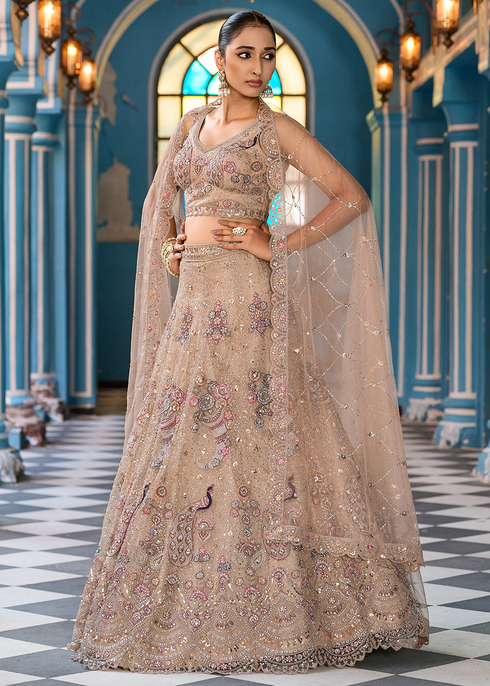 Buy Now Attractive Beige Net Embroidered Wedding Lehenga Choli Online in US, UK, Canada, France, Germany, Sweden, Greece, UAE, Denmark & Worldwide at Empress.
