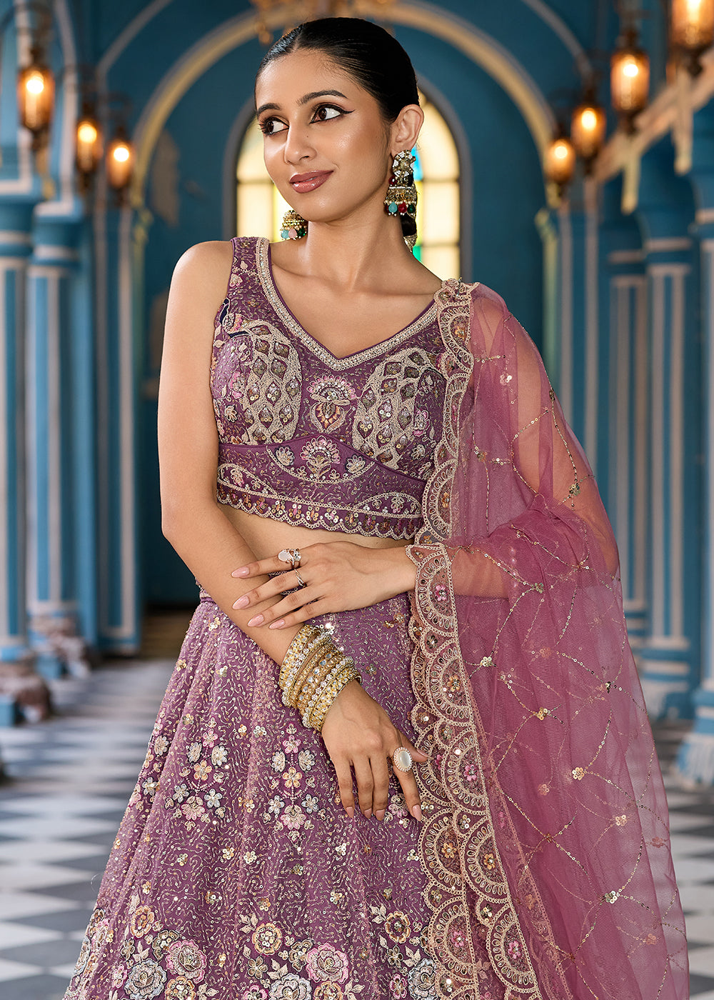Buy Now Attractive Lavender Net Embroidered Wedding Lehenga Choli Online in US, UK, Canada, France, Germany, Sweden, Greece, UAE, Denmark & Worldwide at Empress.