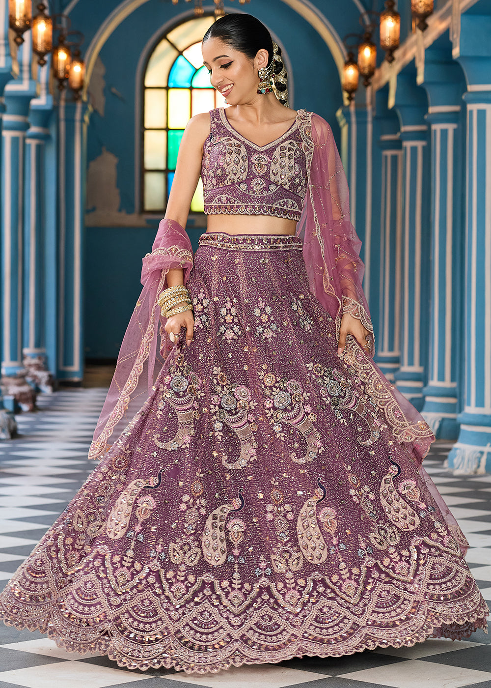 Buy Now Attractive Lavender Net Embroidered Wedding Lehenga Choli Online in US, UK, Canada, France, Germany, Sweden, Greece, UAE, Denmark & Worldwide at Empress.