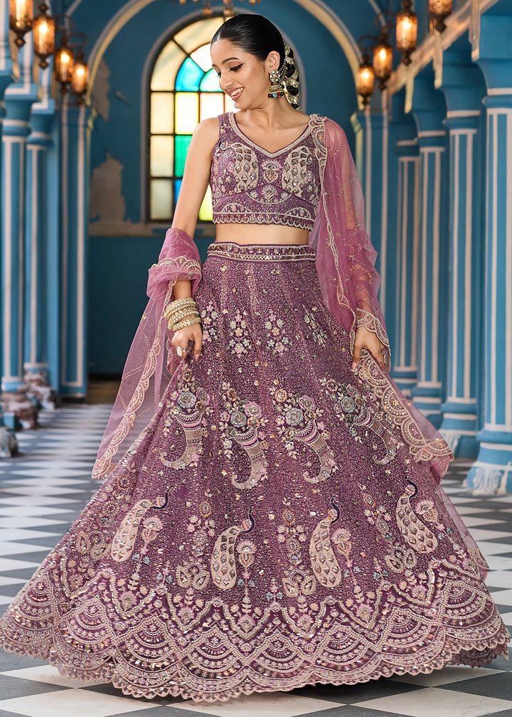 Buy Now Attractive Lavender Net Embroidered Wedding Lehenga Choli Online in US, UK, Canada, France, Germany, Sweden, Greece, UAE, Denmark & Worldwide at Empress.
