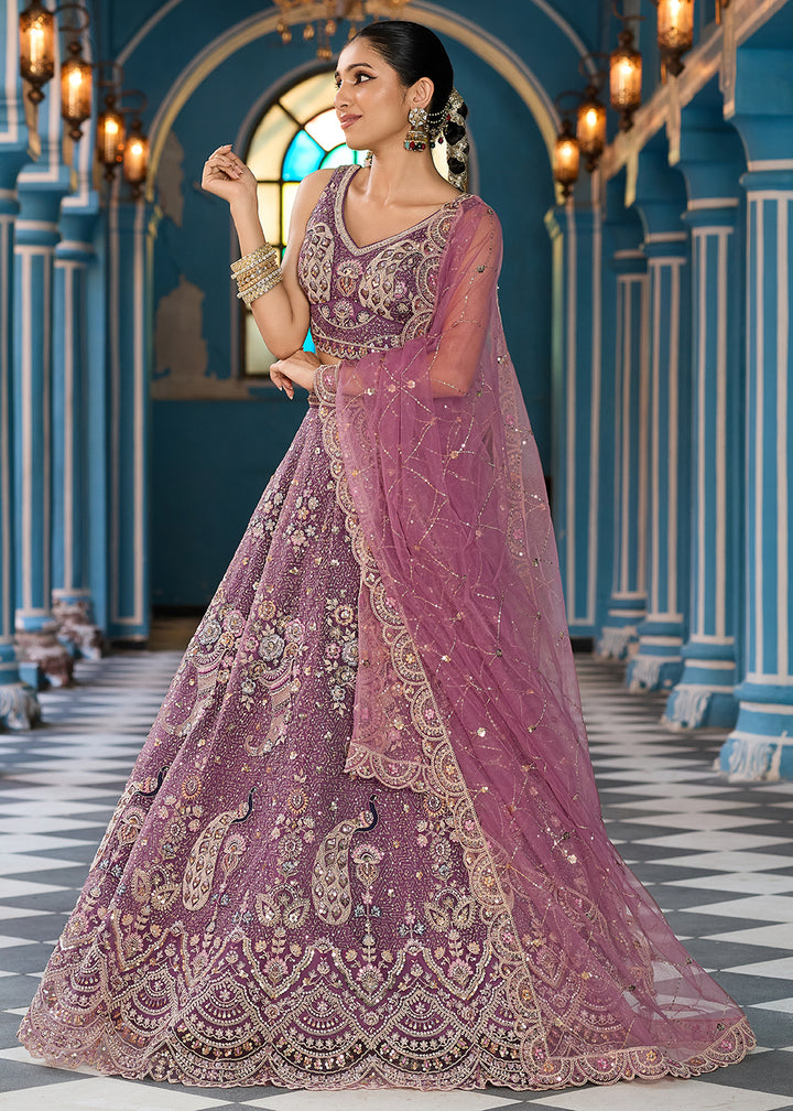 Buy Now Attractive Lavender Net Embroidered Wedding Lehenga Choli Online in US, UK, Canada, France, Germany, Sweden, Greece, UAE, Denmark & Worldwide at Empress.