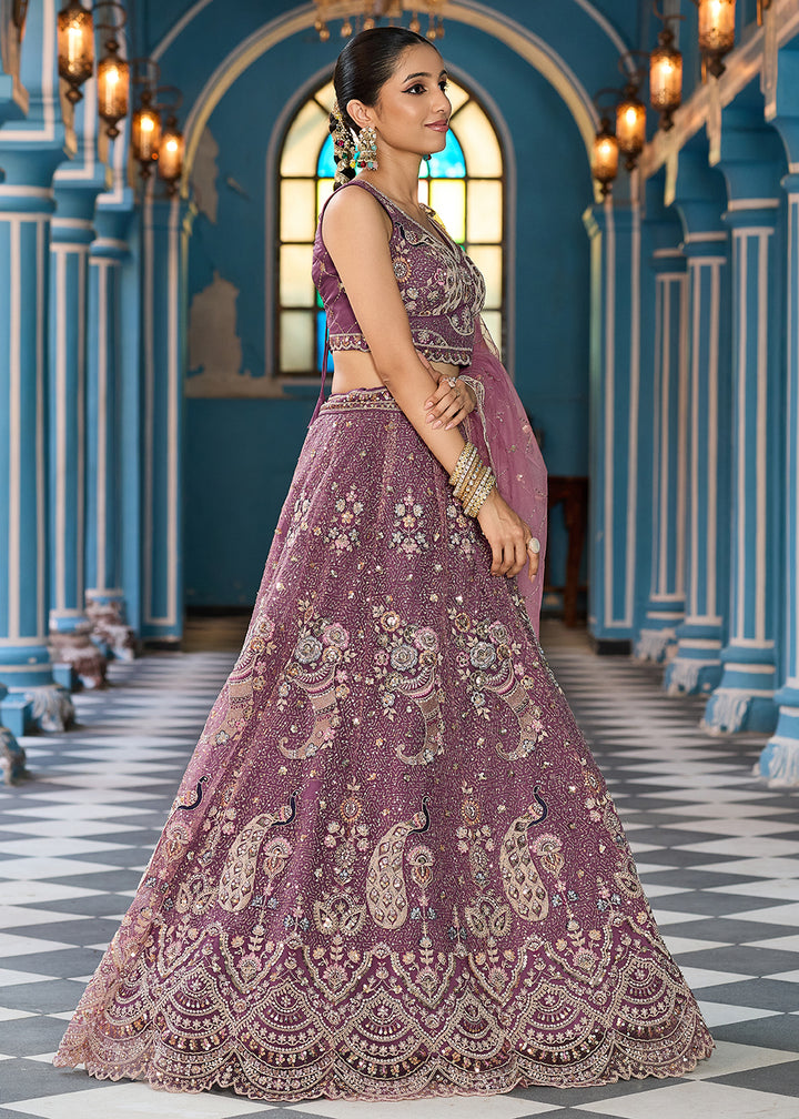 Buy Now Attractive Lavender Net Embroidered Wedding Lehenga Choli Online in US, UK, Canada, France, Germany, Sweden, Greece, UAE, Denmark & Worldwide at Empress.