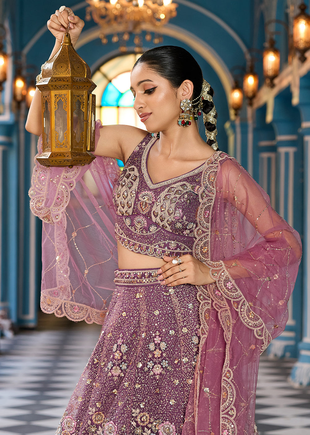 Buy Now Attractive Lavender Net Embroidered Wedding Lehenga Choli Online in US, UK, Canada, France, Germany, Sweden, Greece, UAE, Denmark & Worldwide at Empress.
