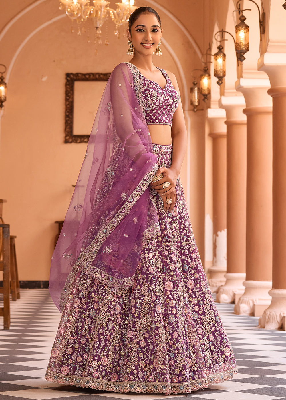 Buy Now Attractive Burgundy Net Embroidered Wedding Lehenga Choli Online in US, UK, Canada, France, Germany, Sweden, Greece, UAE, Denmark & Worldwide at Empress