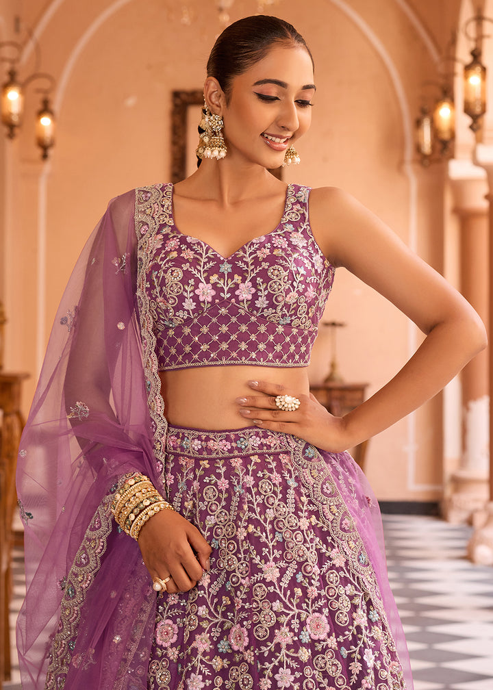 Buy Now Attractive Burgundy Net Embroidered Wedding Lehenga Choli Online in US, UK, Canada, France, Germany, Sweden, Greece, UAE, Denmark & Worldwide at Empress