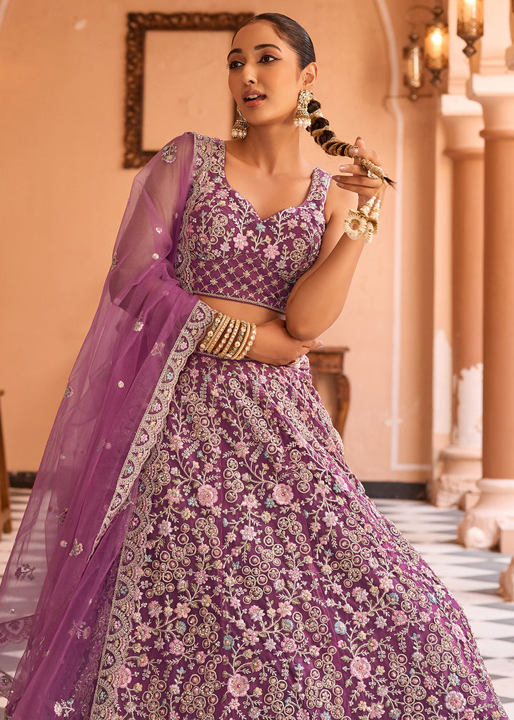 Buy Now Attractive Burgundy Net Embroidered Wedding Lehenga Choli Online in US, UK, Canada, France, Germany, Sweden, Greece, UAE, Denmark & Worldwide at Empress