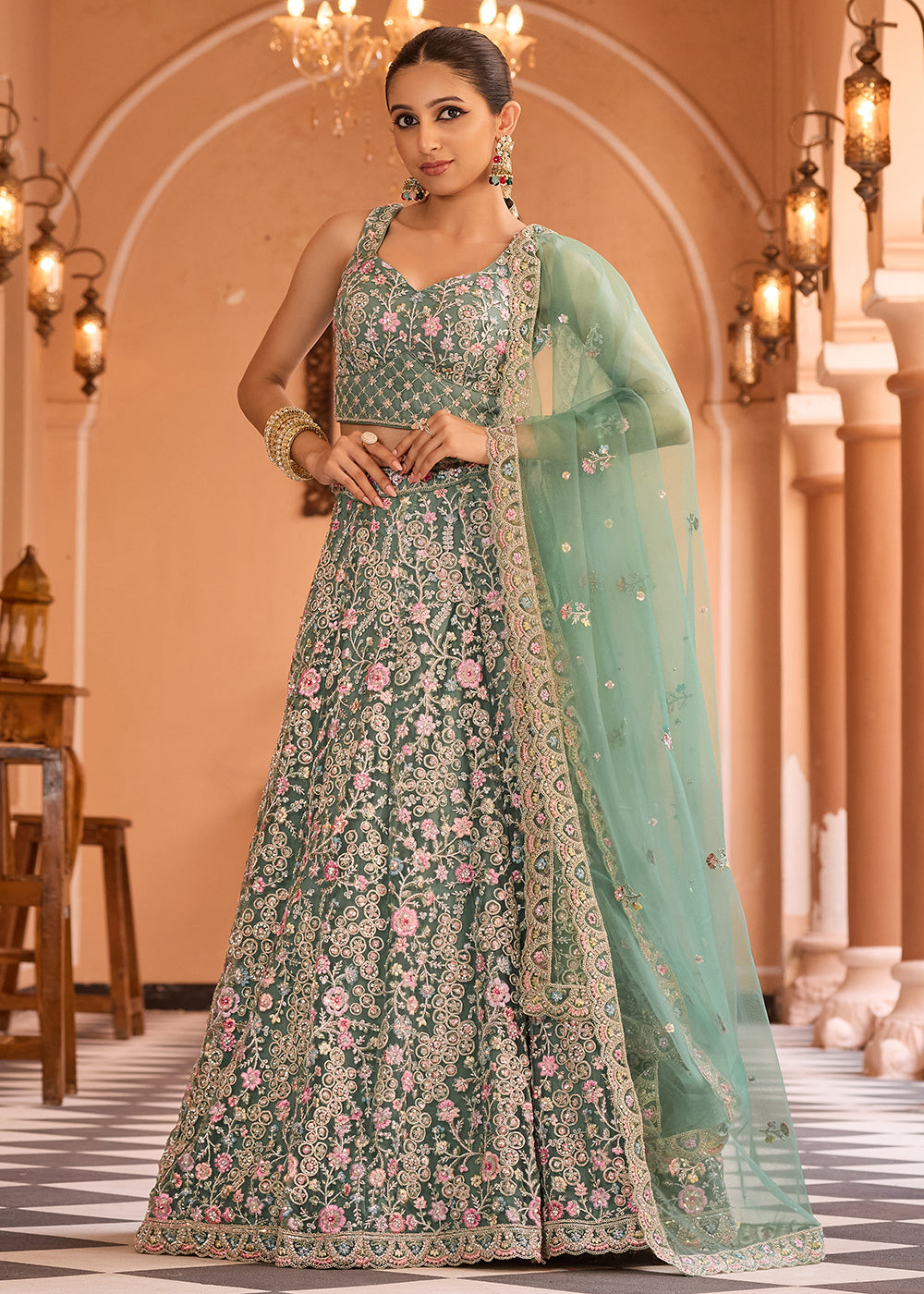 Buy Now Attractive Green Net Embroidered Wedding Lehenga Choli Online in US, UK, Canada, France, Germany, Sweden, Greece, UAE, Denmark & Worldwide at Empress.