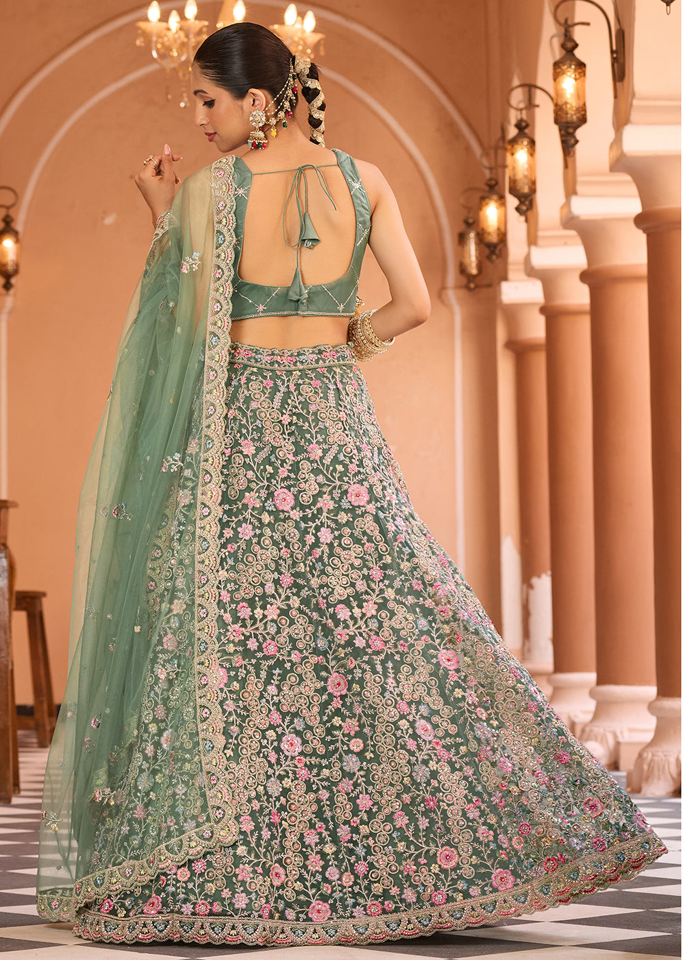 Buy Now Attractive Green Net Embroidered Wedding Lehenga Choli Online in US, UK, Canada, France, Germany, Sweden, Greece, UAE, Denmark & Worldwide at Empress.