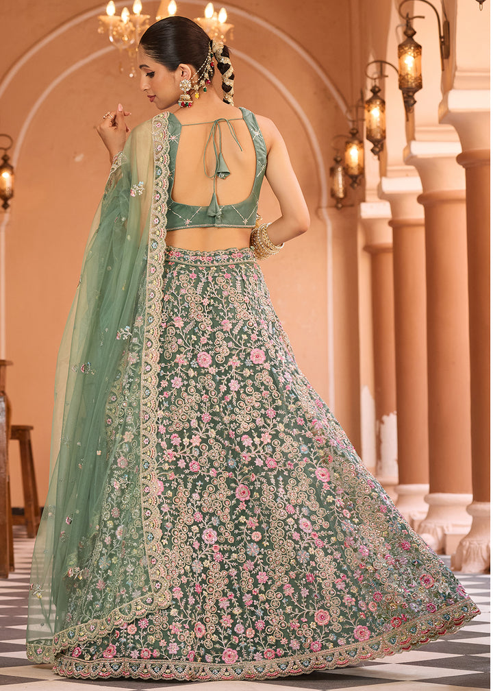 Buy Now Attractive Green Net Embroidered Wedding Lehenga Choli Online in US, UK, Canada, France, Germany, Sweden, Greece, UAE, Denmark & Worldwide at Empress.