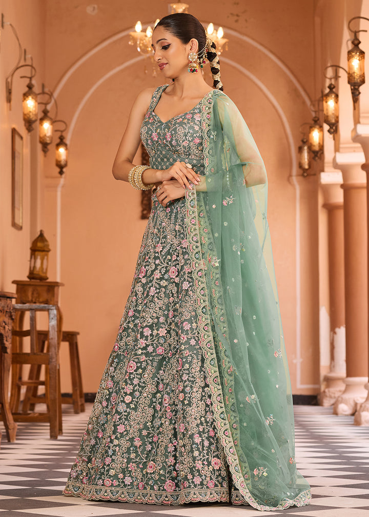 Buy Now Attractive Green Net Embroidered Wedding Lehenga Choli Online in US, UK, Canada, France, Germany, Sweden, Greece, UAE, Denmark & Worldwide at Empress.