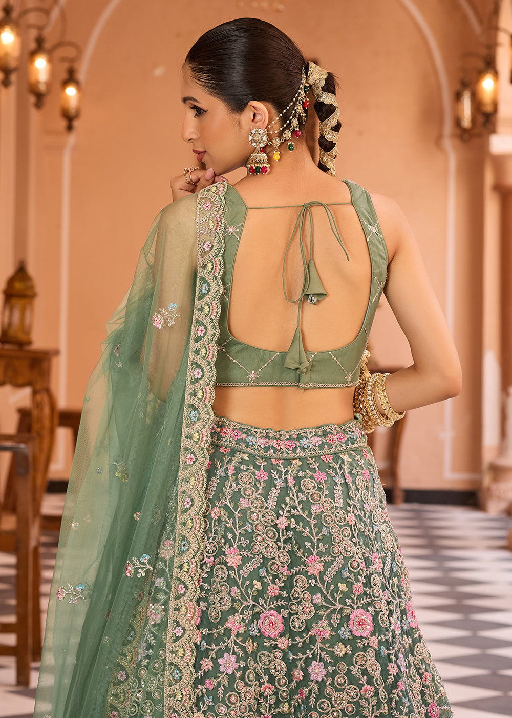 Buy Now Attractive Green Net Embroidered Wedding Lehenga Choli Online in US, UK, Canada, France, Germany, Sweden, Greece, UAE, Denmark & Worldwide at Empress.