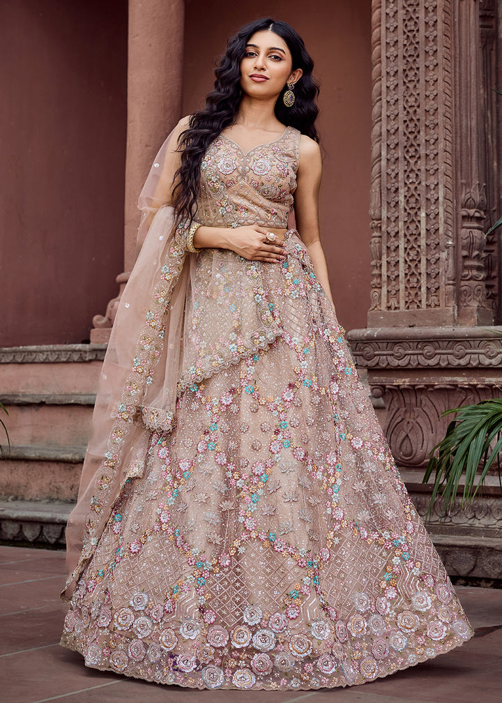 Buy Now Attractive Beige All Over Embroidered Wedding Lehenga Choli Online in US, UK, Canada, France, Germany, Sweden, Greece, Denmark & Worldwide at Empress.