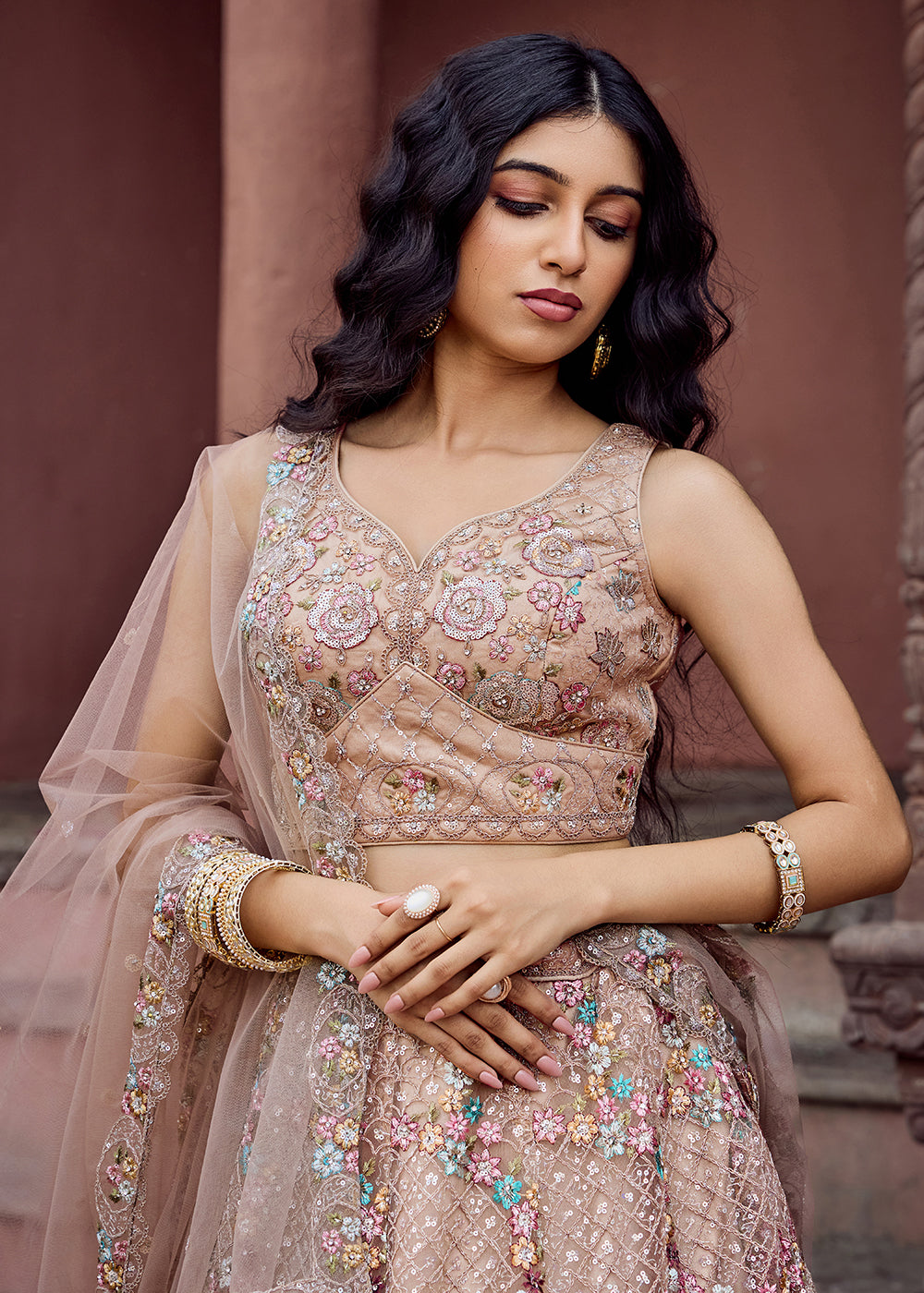 Buy Now Attractive Beige All Over Embroidered Wedding Lehenga Choli Online in US, UK, Canada, France, Germany, Sweden, Greece, Denmark & Worldwide at Empress.