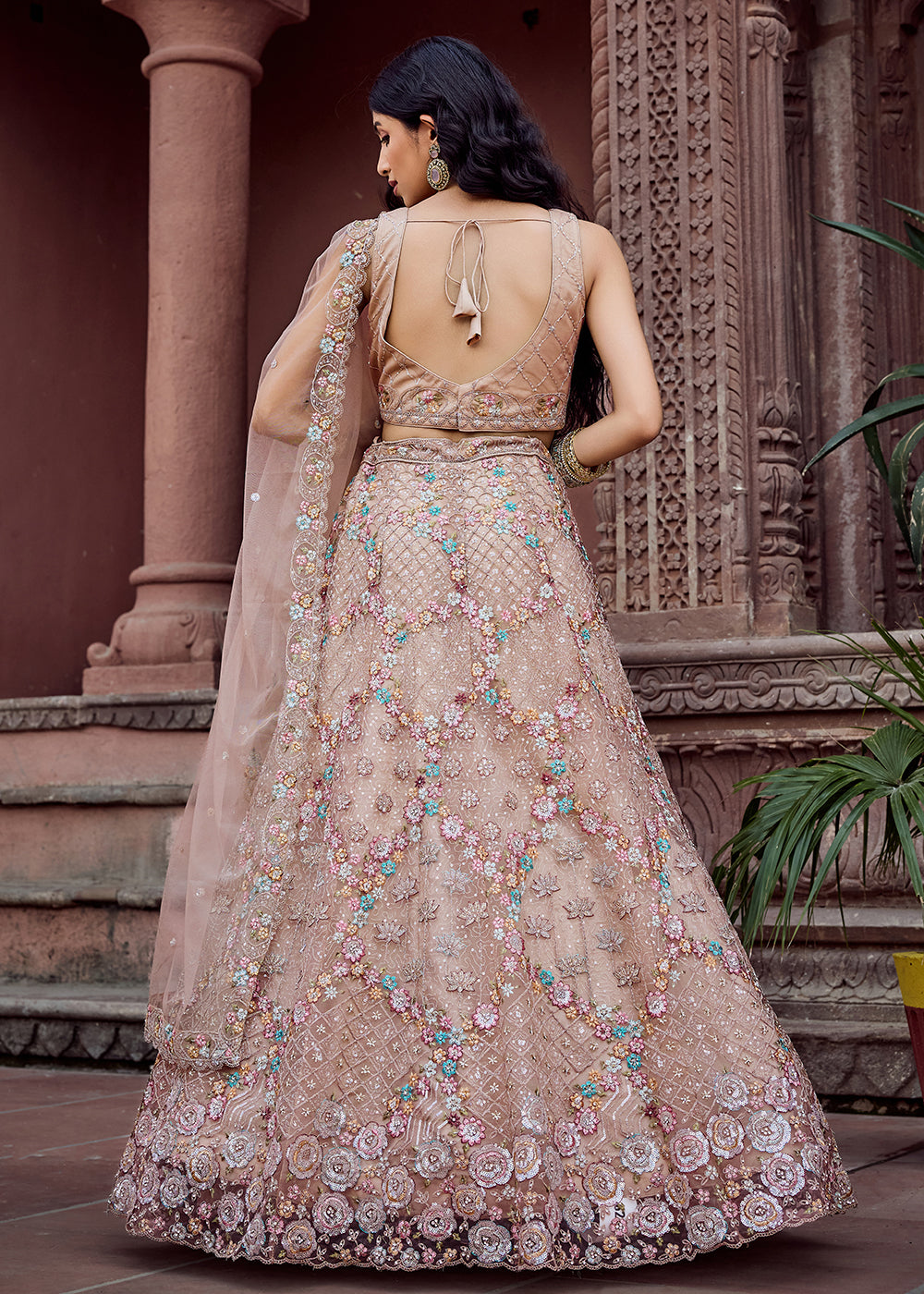 Buy Now Attractive Beige All Over Embroidered Wedding Lehenga Choli Online in US, UK, Canada, France, Germany, Sweden, Greece, Denmark & Worldwide at Empress.