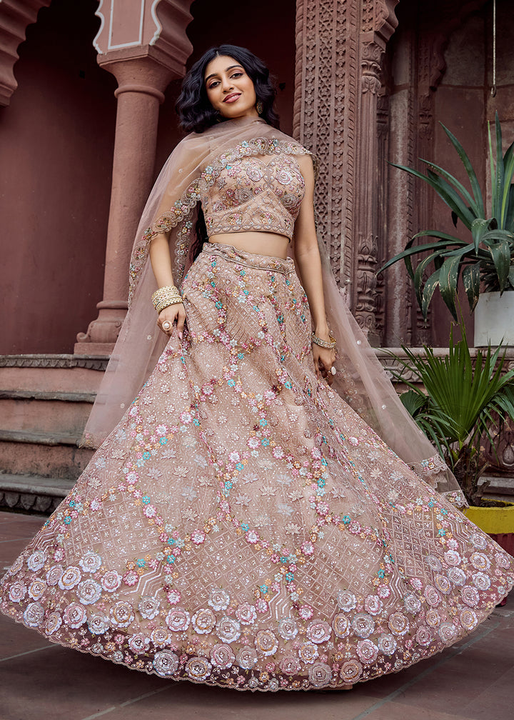 Buy Now Attractive Beige All Over Embroidered Wedding Lehenga Choli Online in US, UK, Canada, France, Germany, Sweden, Greece, Denmark & Worldwide at Empress.