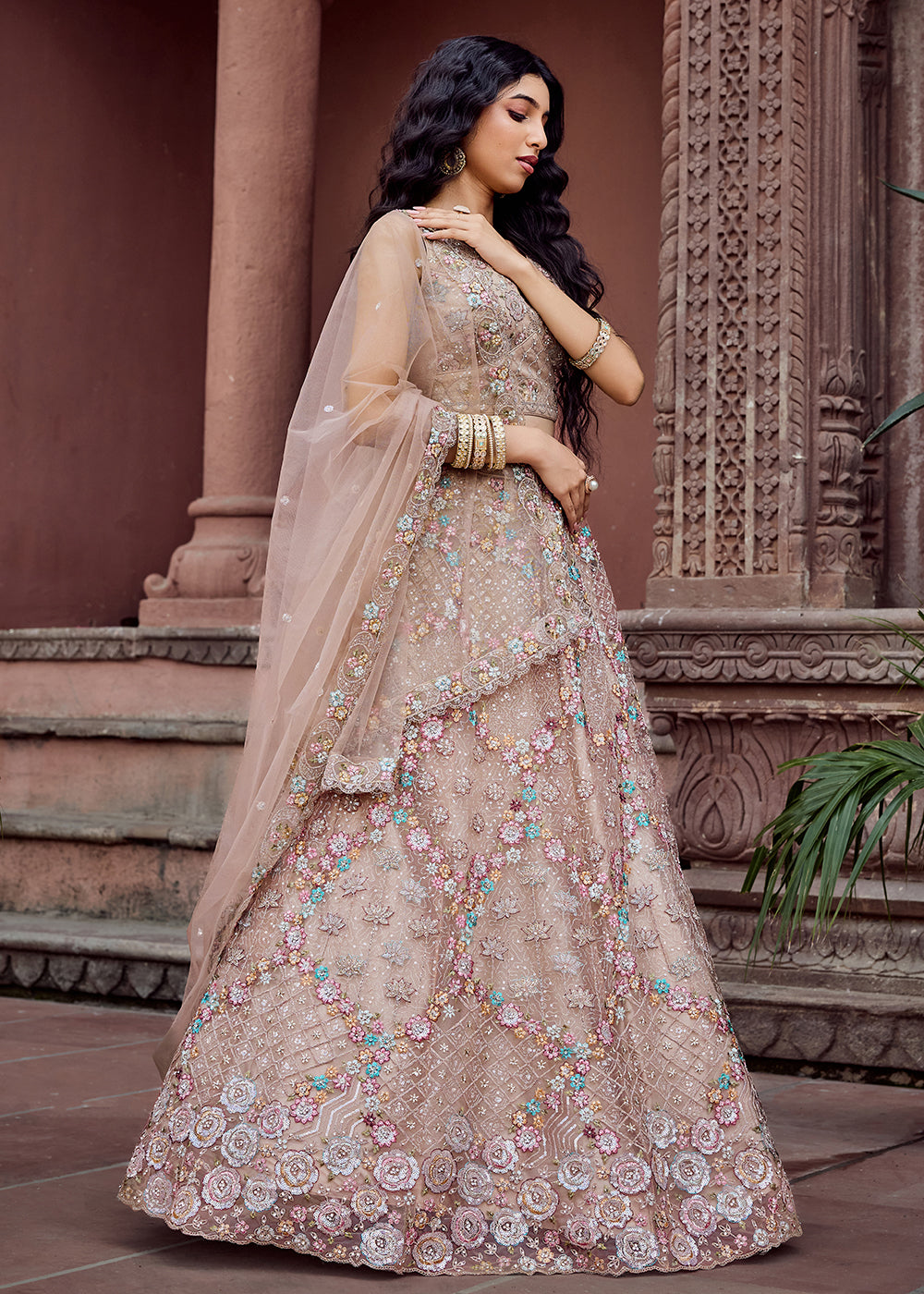 Buy Now Attractive Beige All Over Embroidered Wedding Lehenga Choli Online in US, UK, Canada, France, Germany, Sweden, Greece, Denmark & Worldwide at Empress.