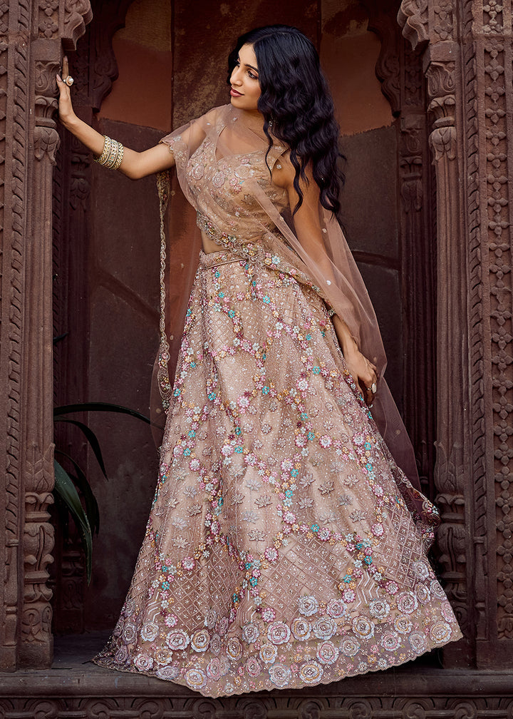 Buy Now Attractive Beige All Over Embroidered Wedding Lehenga Choli Online in US, UK, Canada, France, Germany, Sweden, Greece, Denmark & Worldwide at Empress.
