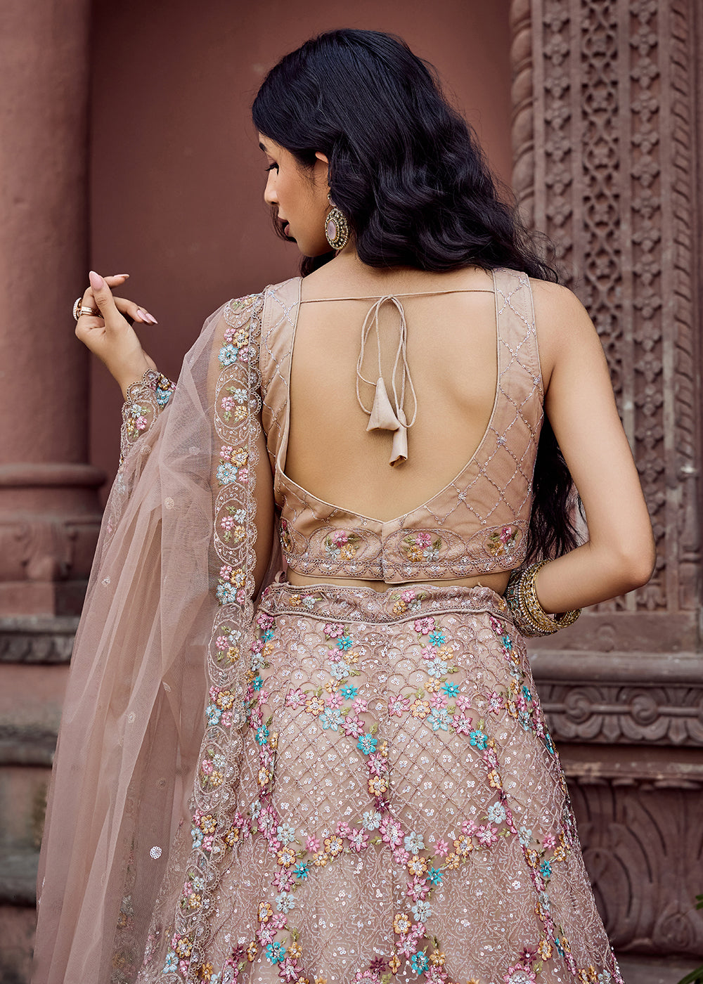 Buy Now Attractive Beige All Over Embroidered Wedding Lehenga Choli Online in US, UK, Canada, France, Germany, Sweden, Greece, Denmark & Worldwide at Empress.