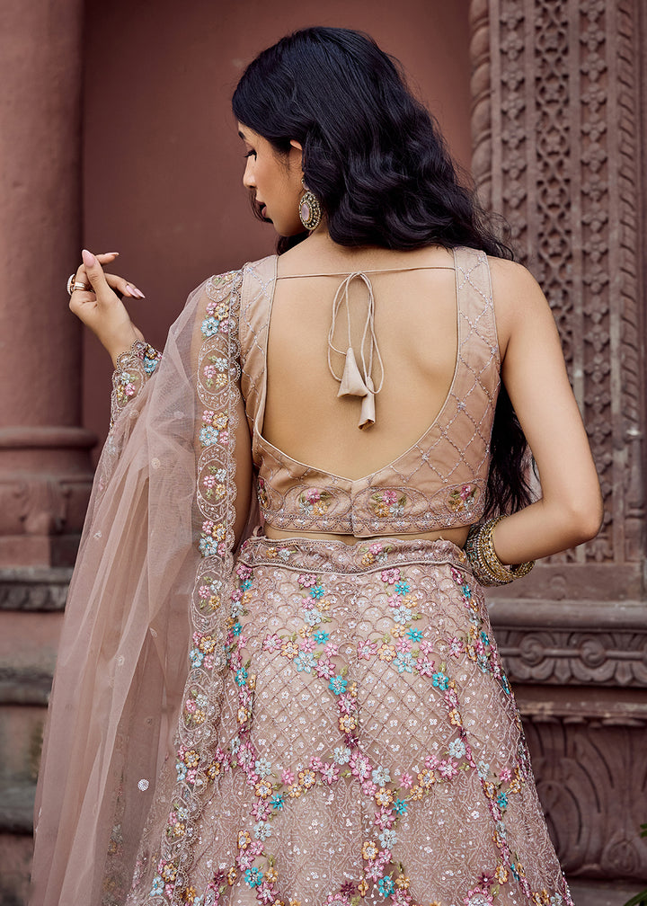 Buy Now Attractive Beige All Over Embroidered Wedding Lehenga Choli Online in US, UK, Canada, France, Germany, Sweden, Greece, Denmark & Worldwide at Empress.