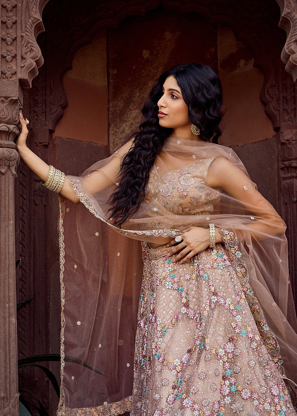 Buy Now Attractive Beige All Over Embroidered Wedding Lehenga Choli Online in US, UK, Canada, France, Germany, Sweden, Greece, Denmark & Worldwide at Empress.