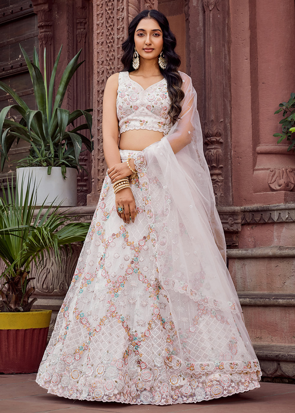 indian dresses white Print Plunge Neckline Gown: Modern Elegance USA S / White Elevate special occasions with Raass embroidered georgette gown. Indian wedding white dress More