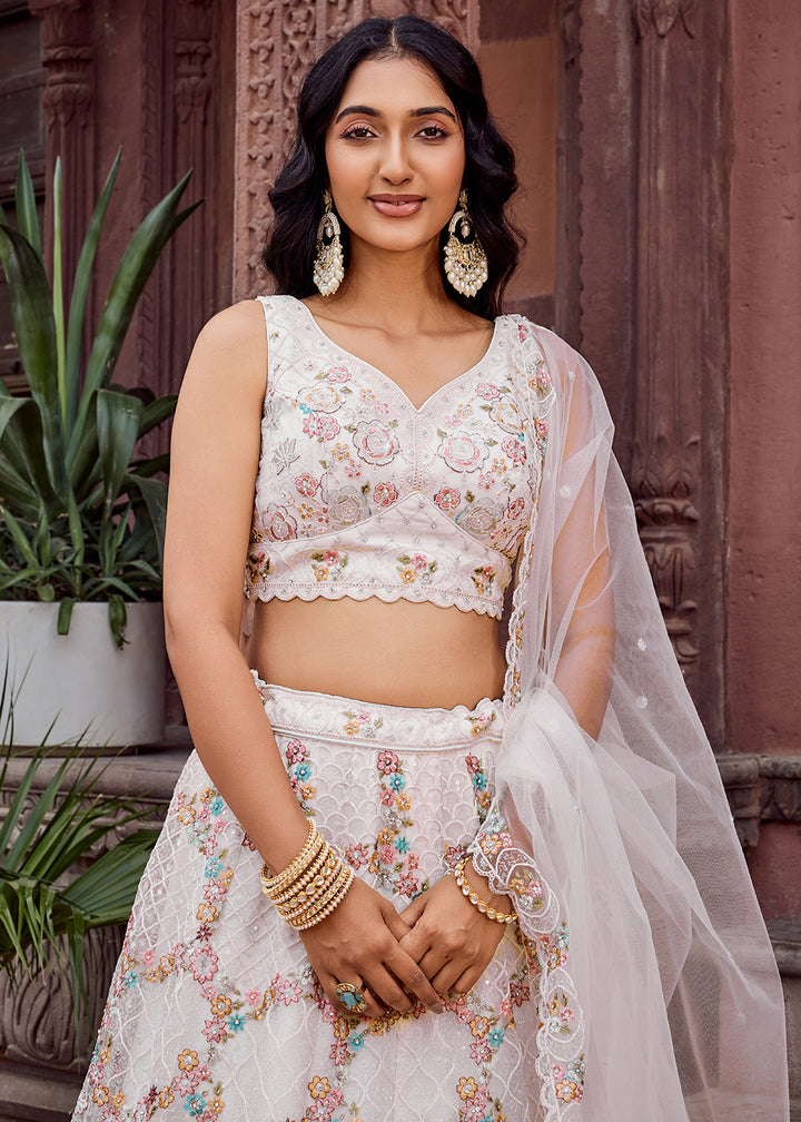 Buy Now Attractive Cream All Over Embroidered Wedding Lehenga Choli Online in US, UK, Canada, France, Germany, Sweden, Greece, Denmark & Worldwide at Empress.