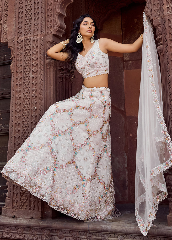 Buy Now Attractive Cream All Over Embroidered Wedding Lehenga Choli Online in US, UK, Canada, France, Germany, Sweden, Greece, Denmark & Worldwide at Empress.
