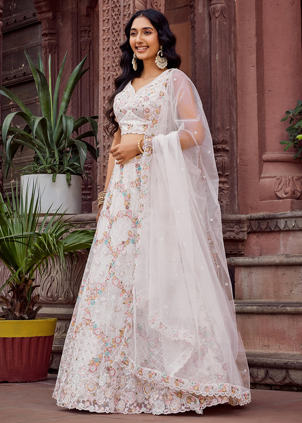 Buy Now Attractive Cream All Over Embroidered Wedding Lehenga Choli Online in US, UK, Canada, France, Germany, Sweden, Greece, Denmark & Worldwide at Empress.