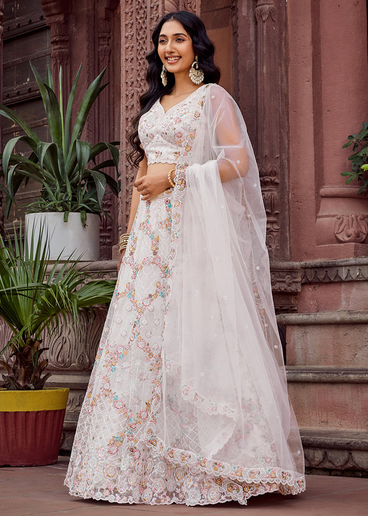 Buy Now Attractive Cream All Over Embroidered Wedding Lehenga Choli Online in US, UK, Canada, France, Germany, Sweden, Greece, Denmark & Worldwide at Empress.