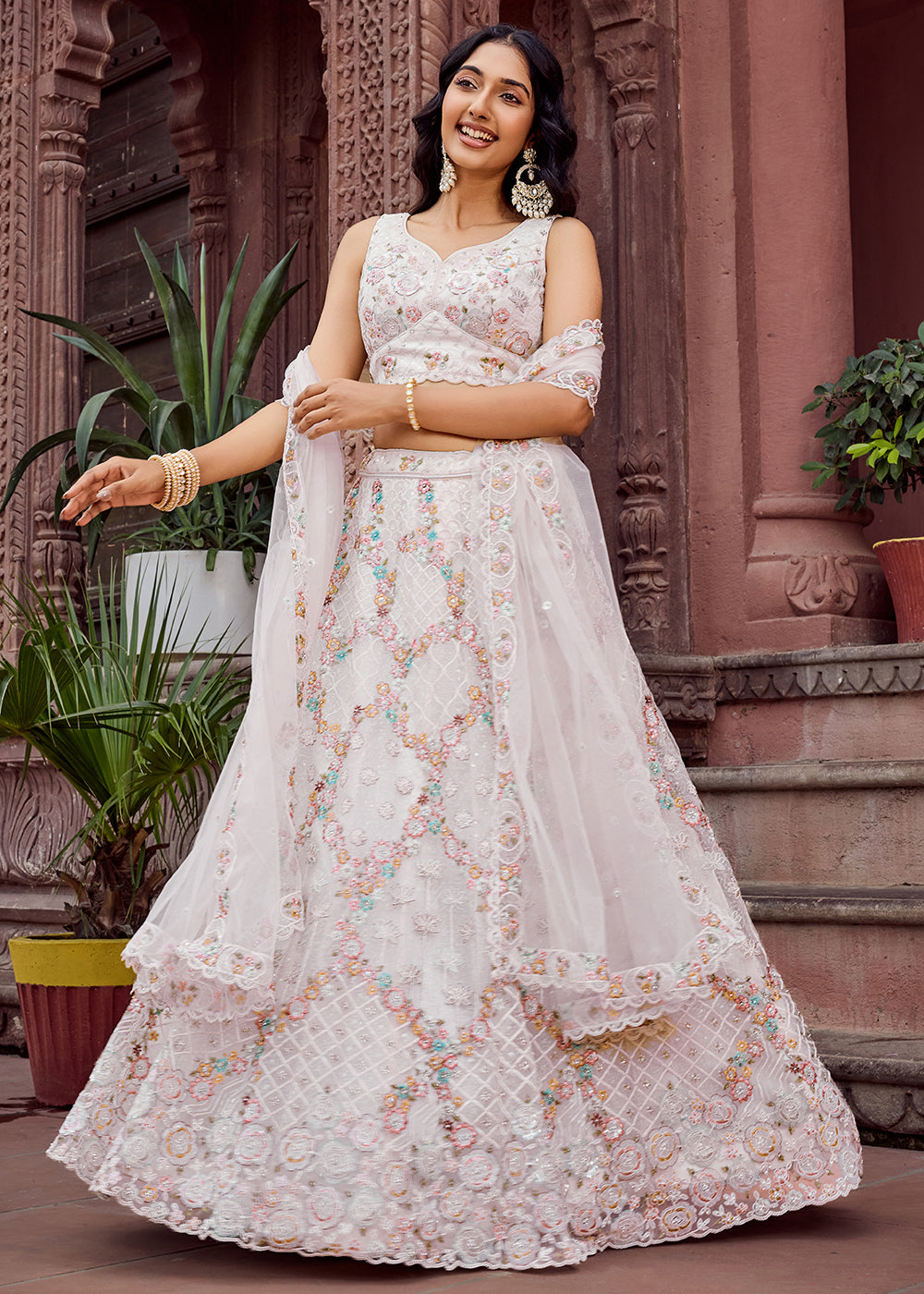 Buy Now Attractive Cream All Over Embroidered Wedding Lehenga Choli Online in US, UK, Canada, France, Germany, Sweden, Greece, Denmark & Worldwide at Empress.