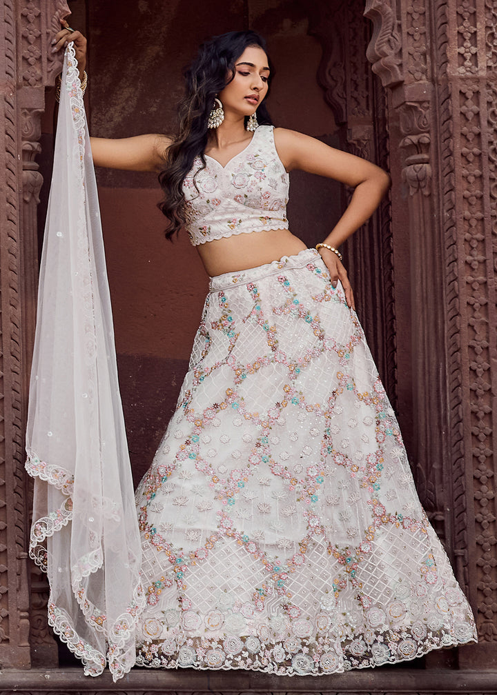 Buy Now Attractive Cream All Over Embroidered Wedding Lehenga Choli Online in US, UK, Canada, France, Germany, Sweden, Greece, Denmark & Worldwide at Empress.