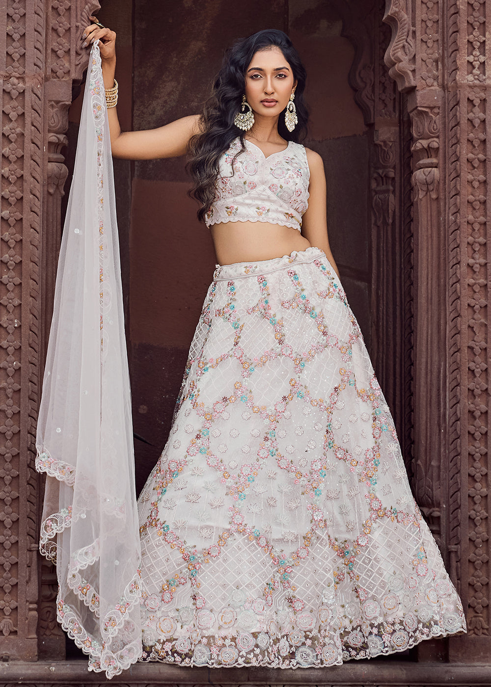 Buy Now Attractive Cream All Over Embroidered Wedding Lehenga Choli Online in US, UK, Canada, France, Germany, Sweden, Greece, Denmark & Worldwide at Empress.
