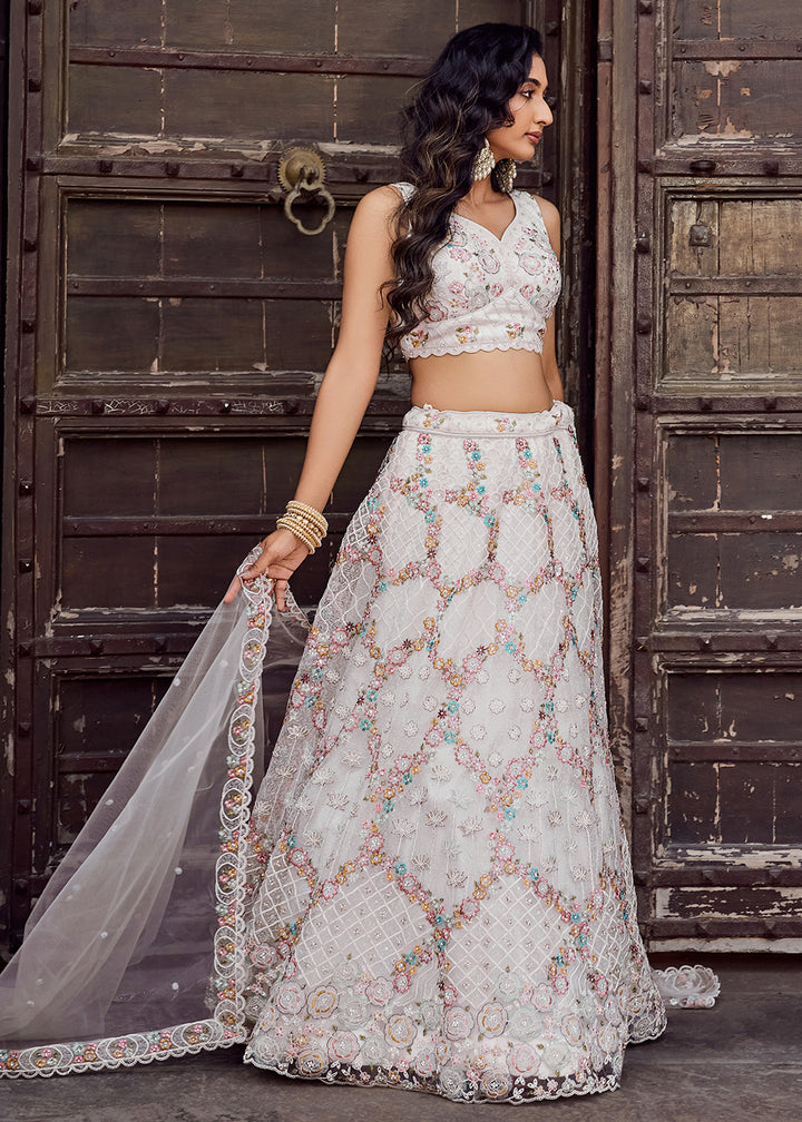 Buy Now Attractive Cream All Over Embroidered Wedding Lehenga Choli Online in US, UK, Canada, France, Germany, Sweden, Greece, Denmark & Worldwide at Empress.