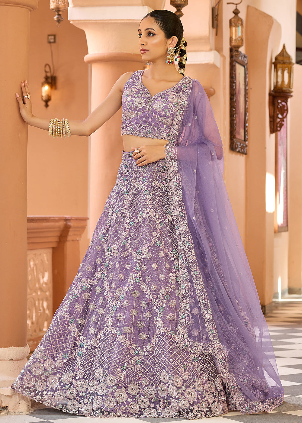 Buy Now Attractive Mauve All Over Embroidered Wedding Lehenga Choli Online in US, UK, Canada, France, Germany, Sweden, Greece, Denmark & Worldwide at Empress.