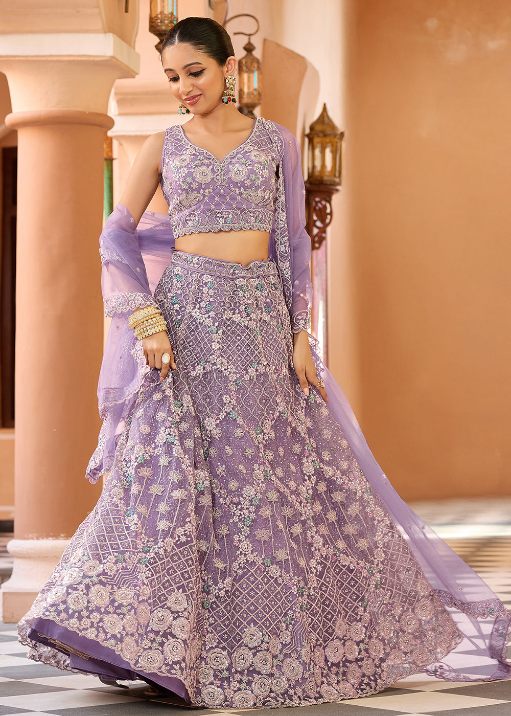 Buy Now Attractive Mauve All Over Embroidered Wedding Lehenga Choli Online in US, UK, Canada, France, Germany, Sweden, Greece, Denmark & Worldwide at Empress.