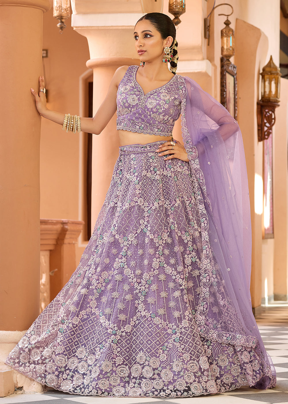 Buy Now Attractive Mauve All Over Embroidered Wedding Lehenga Choli Online in US, UK, Canada, France, Germany, Sweden, Greece, Denmark & Worldwide at Empress.