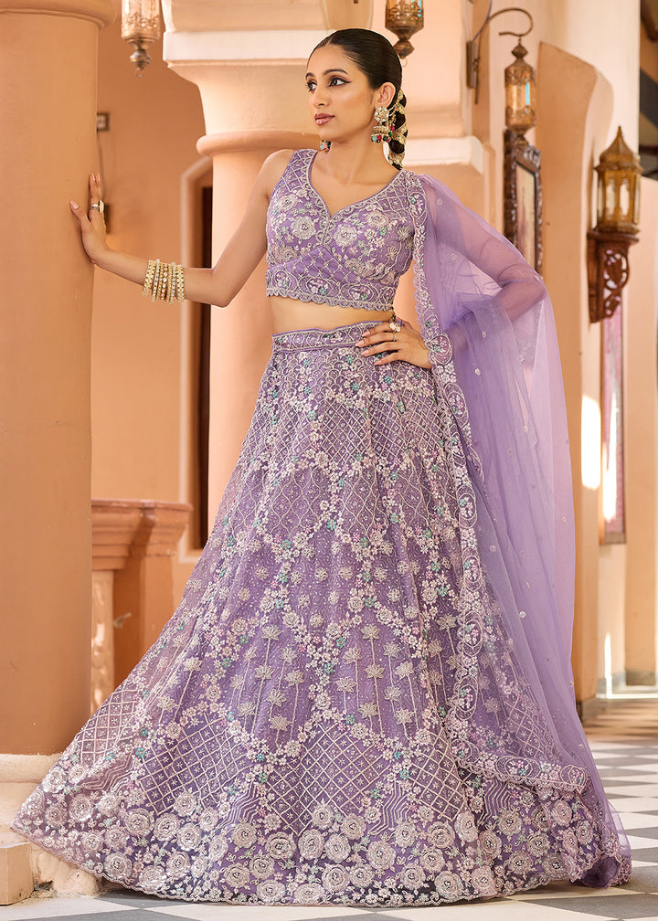 Buy Now Attractive Mauve All Over Embroidered Wedding Lehenga Choli Online in US, UK, Canada, France, Germany, Sweden, Greece, Denmark & Worldwide at Empress.