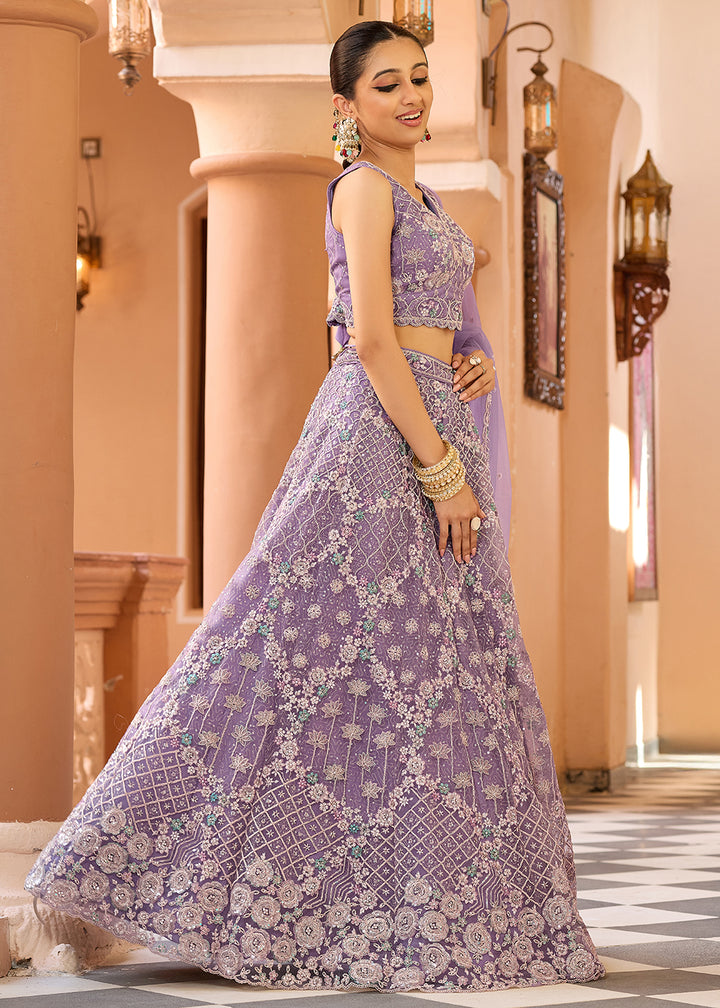 Buy Now Attractive Mauve All Over Embroidered Wedding Lehenga Choli Online in US, UK, Canada, France, Germany, Sweden, Greece, Denmark & Worldwide at Empress.