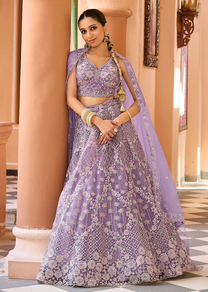 Buy Now Attractive Mauve All Over Embroidered Wedding Lehenga Choli Online in US, UK, Canada, France, Germany, Sweden, Greece, Denmark & Worldwide at Empress.