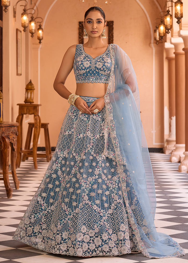 Buy Now Attractive Teal All Over Embroidered Wedding Lehenga Choli Online in US, UK, Canada, France, Germany, Sweden, Greece, Denmark & Worldwide at Empress.