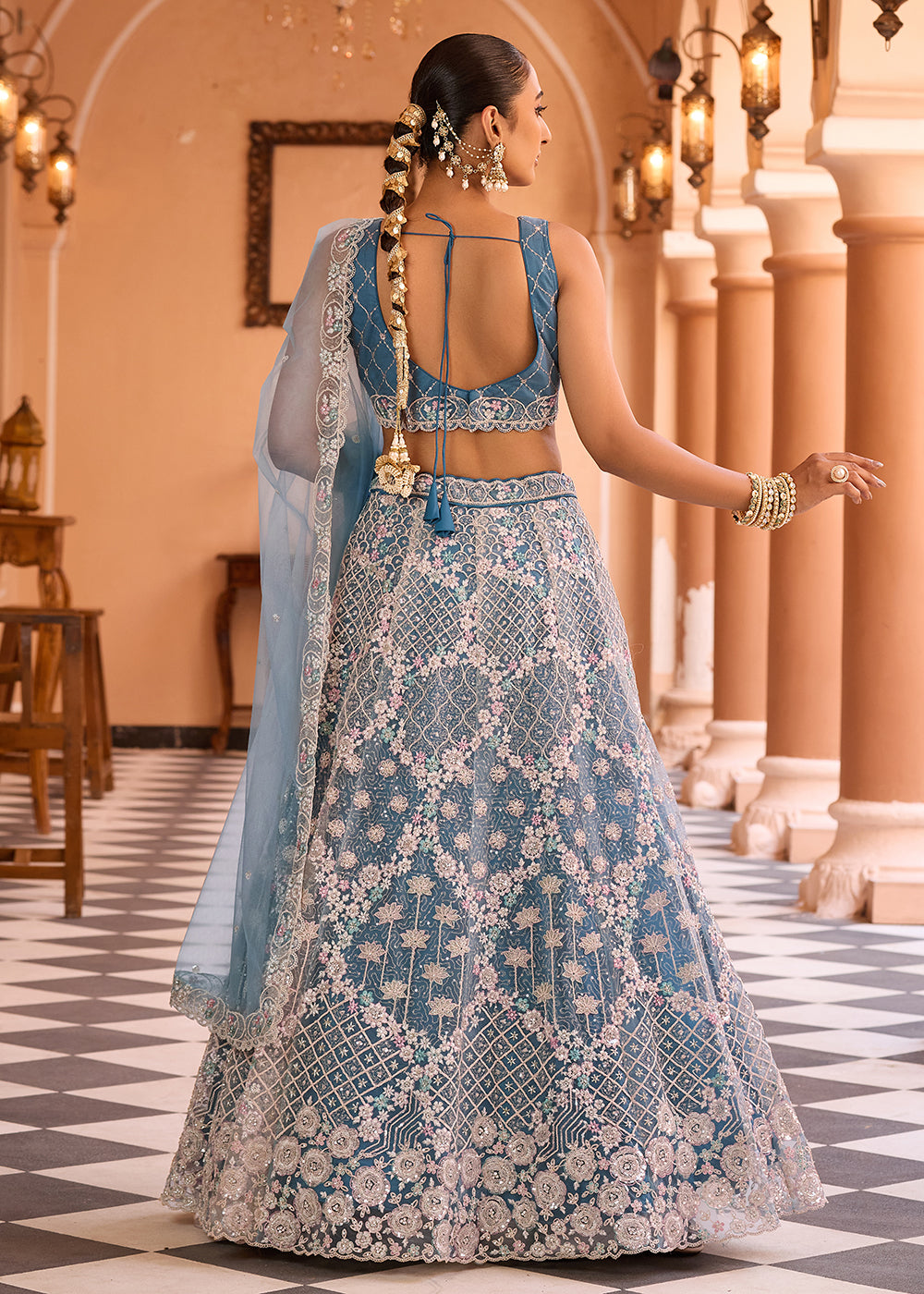 Buy Now Attractive Teal All Over Embroidered Wedding Lehenga Choli Online in US, UK, Canada, France, Germany, Sweden, Greece, Denmark & Worldwide at Empress.