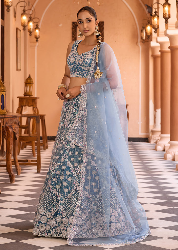 Buy Now Attractive Teal All Over Embroidered Wedding Lehenga Choli Online in US, UK, Canada, France, Germany, Sweden, Greece, Denmark & Worldwide at Empress.