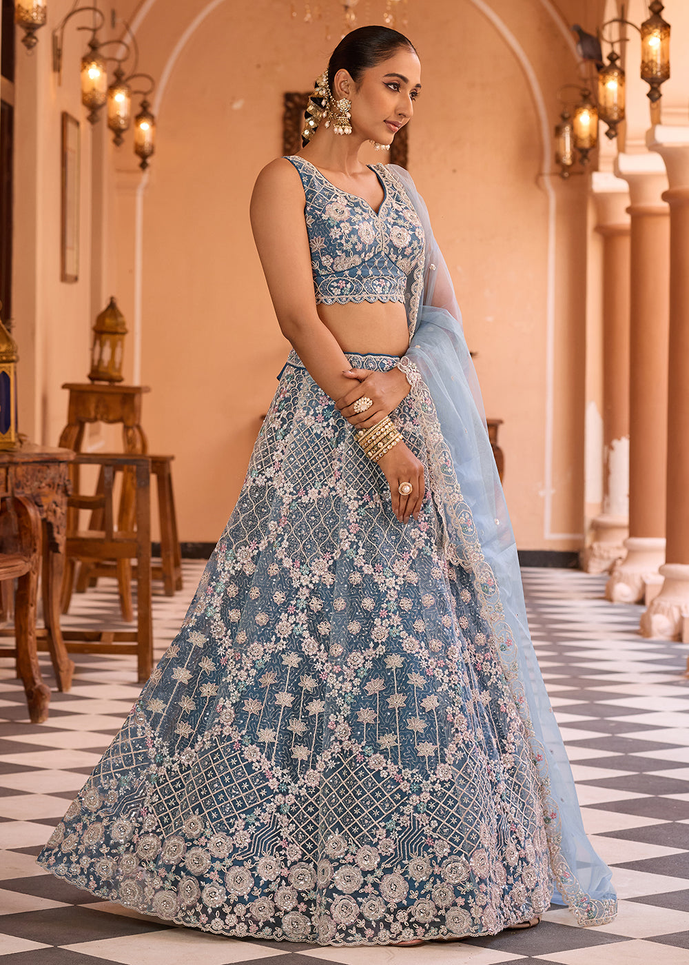 Buy Now Attractive Teal All Over Embroidered Wedding Lehenga Choli Online in US, UK, Canada, France, Germany, Sweden, Greece, Denmark & Worldwide at Empress.