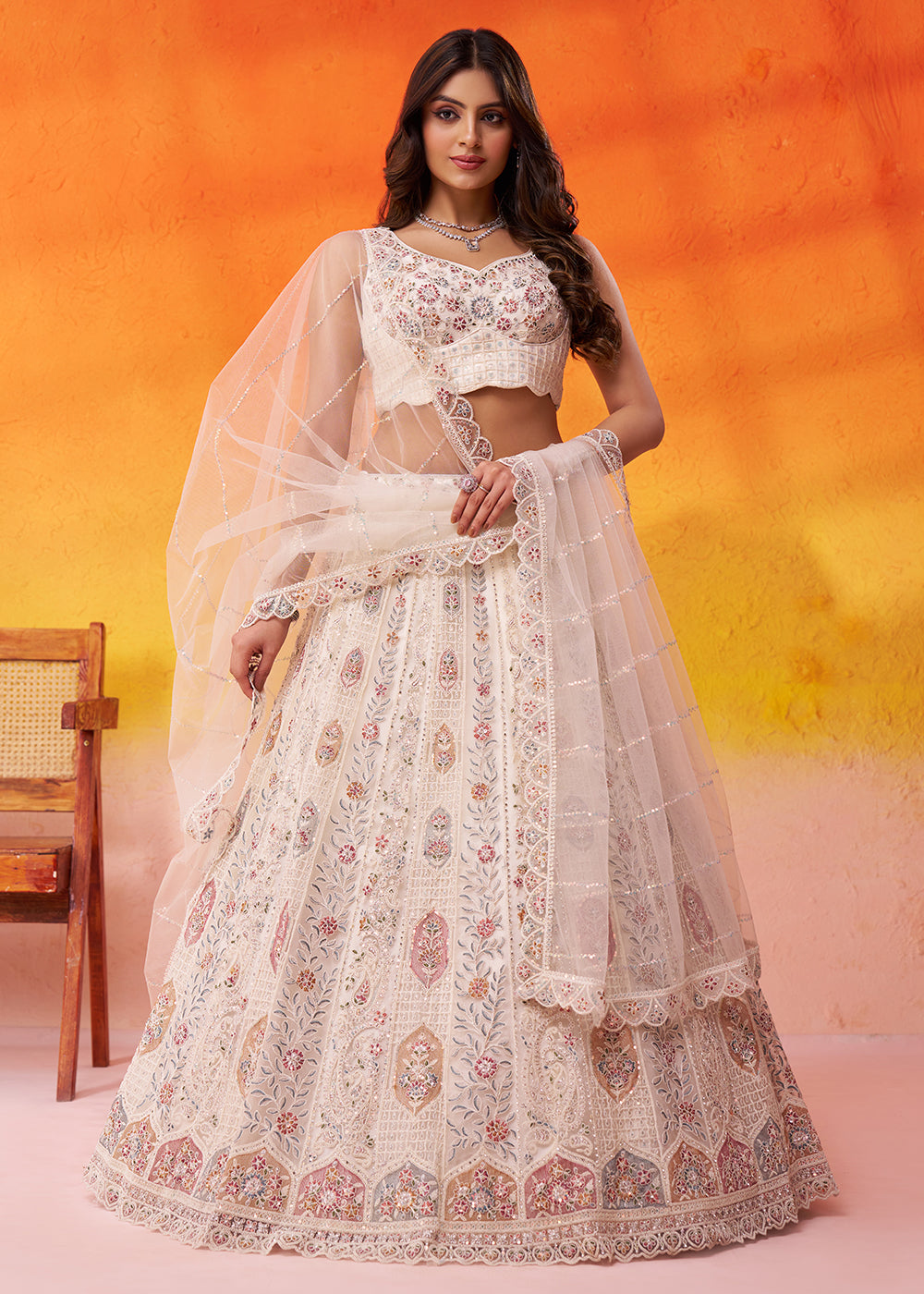 Buy Now Cream Flared Embroidered Festive Lehenga Choli Online in US, UK, Canada, France, Germany, Sweden, Greece, Denmark, UAE, Maldives & Worldwide at Empress.